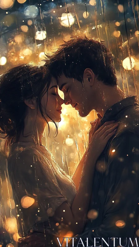 Intimate Portrait: Couple Embraced in Golden Bokeh Ambiance