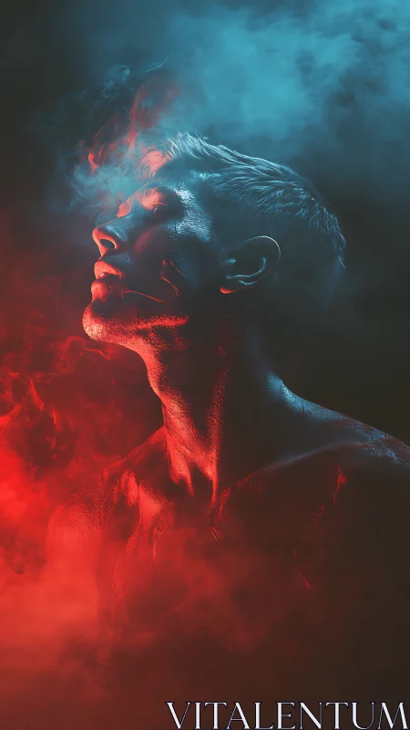 Smoke-split soul bathed in electric cyan and ember red light.