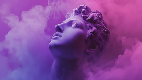 Classical marble head in violet and magenta vapor cloud.