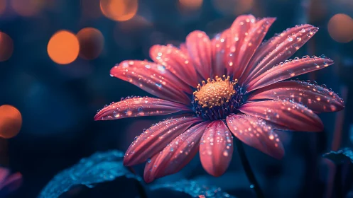Pink Daisy with Dew Drops on Blue Background
