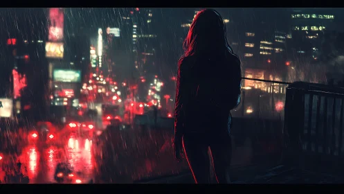 Solitary night walk above a rain-soaked neon city glow.