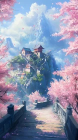 Mountain temple rises above drifting cherry blossoms in spring.