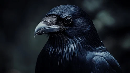 Close-up portrait of a raven in moody, dark-toned photography style.