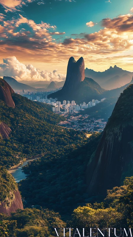 Sunlit tropical peaks embracing a peaceful valley cityscape.