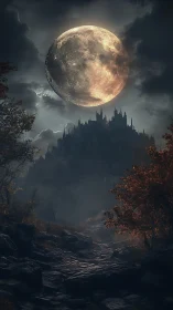 Dark fantasy moonrise above fortress citadel landscape.