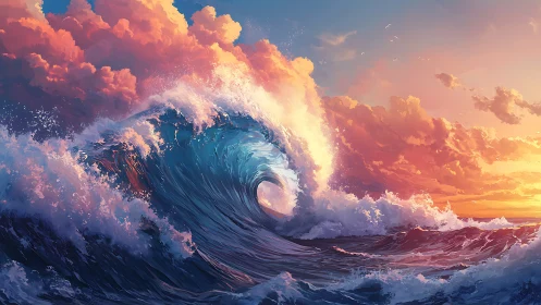 Sunlit ocean wave curls under blazing sunset sky.