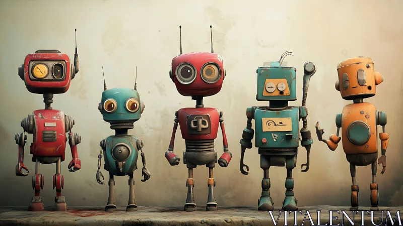 Row of colorful retro robots standing in a studio line.