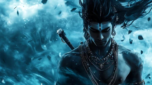 Divine warrior in stormy blue aura, cinematic close view.