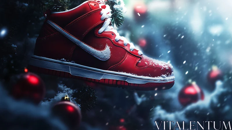 Snow-dusted red sneaker glides through glowing holiday frost.