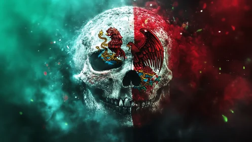 Human skull with split tricolor flag and heraldic emblems.