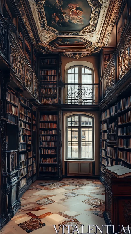 Opulent baroque library corridor with frescoed ceiling.