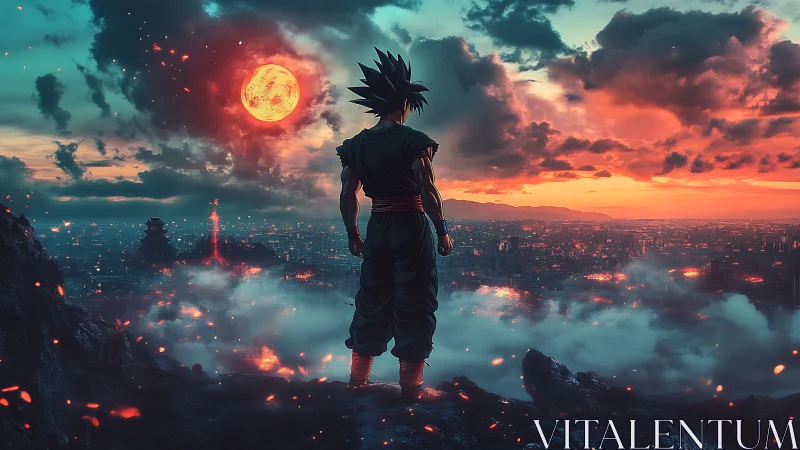 Silhouetted warrior over illuminated city under red moon.