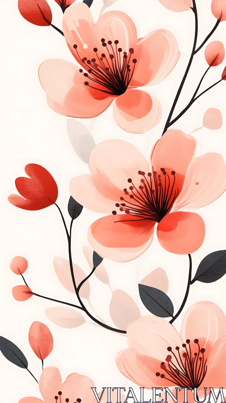 Coral Blossoms with Dark Stems on Cream Background.