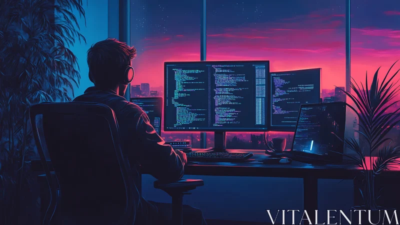 Code alchemist bends neon dusk into lines of living logic