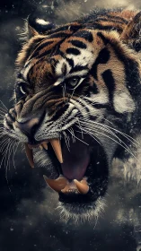 Snarling tiger portrait with hyperreal fur and fangs detail.