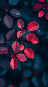 Red leaves on dark teal foliage background at close range.