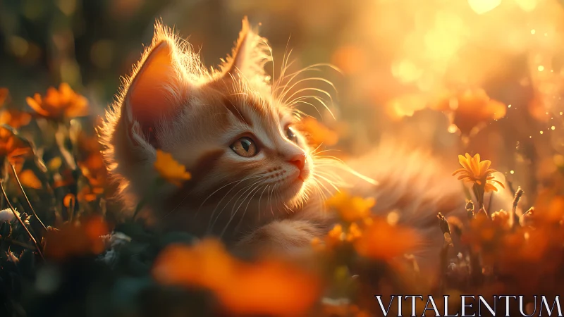 Kitten Among Golden Blooms in Sunset Radiance