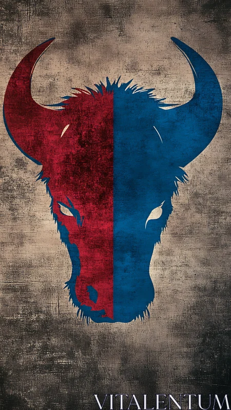 Symmetrical bison head silhouette with split red blue grunge texturing