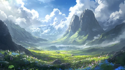 Atmospheric mountain valley panorama with luminous alpine meadow.