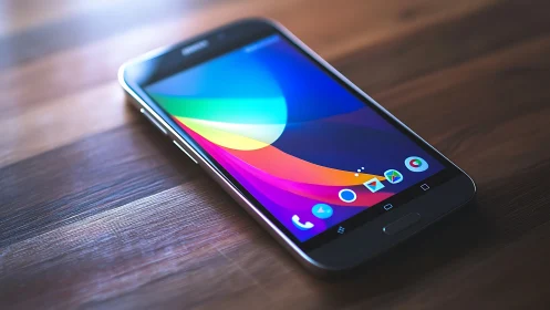 Samsung Galaxy Smartphone Display: Vibrant Gradient UI Interface on Wooden Surface