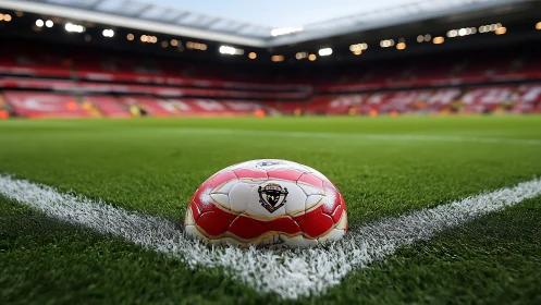 Quiet kickoff moment on a bright green football pitch.
