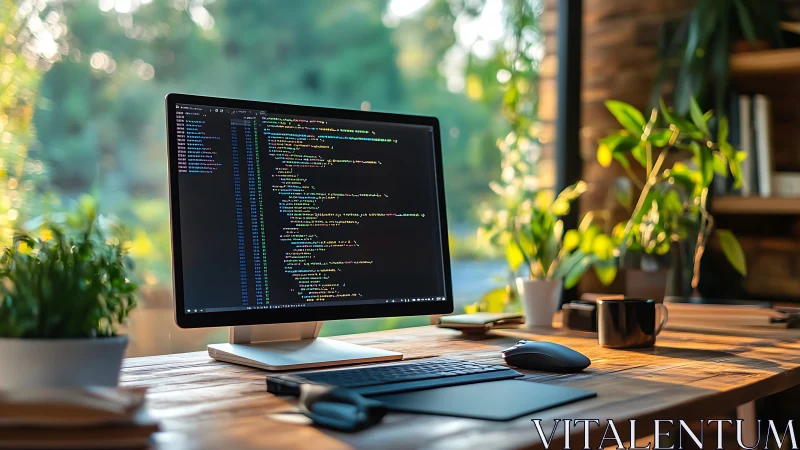 Ergonomic coding workstation with natural-light optimized setup.