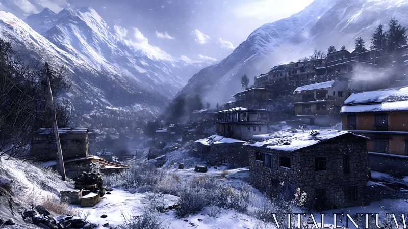 Snow-Blanketed Mountain Village Nestled in Alpine Peaks