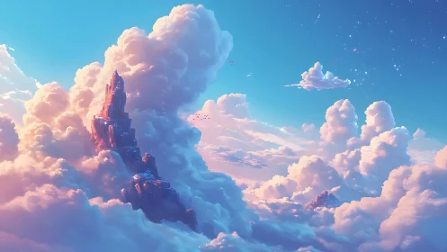 Towering cloud citadel rises through luminous pastel sky