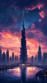 Tall central skyscraper dominates reflective waterfront skyline