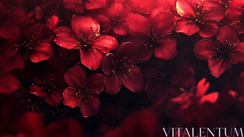 Luminescent Red Cherry Blossoms with Backlighting Volumetric Effects.