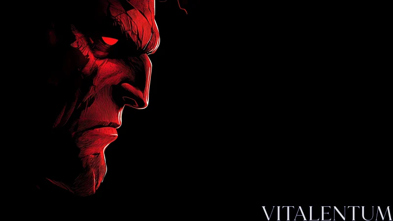 Red chiaroscuro profile of ominous stylized male visage.