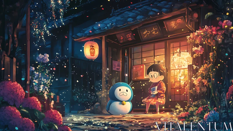 Child and penguin figure outside lantern-lit storefront.