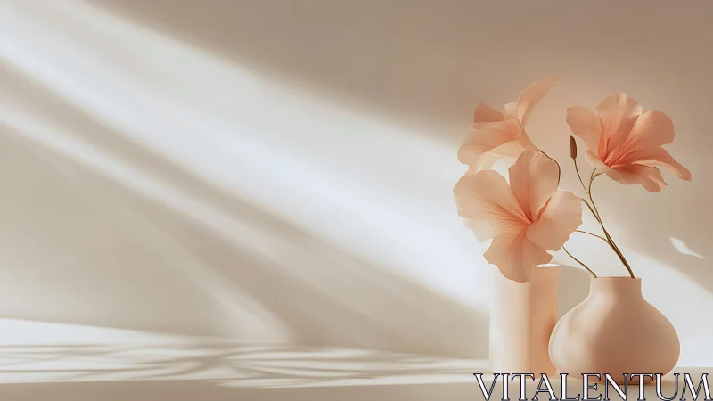 Sunlit Peach Blooms in Soft Ceramic Vessels.