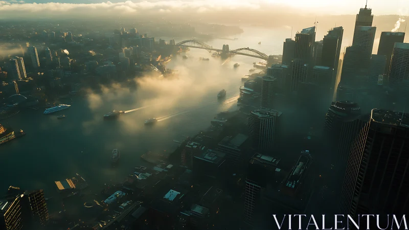 Harbor city skyline glows through sunrise mist and shadow.