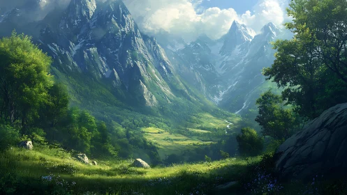 Luminous alpine valley with towering snow-capped ridges.