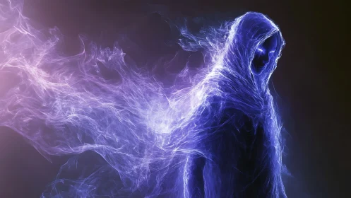Spectral hooded figure radiates swirling violet energy