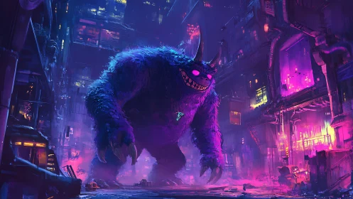 Neon horned monster storms a cyberpunk alley in glowing chaos