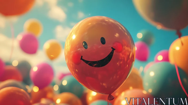 Smiling balloon drifts through a candy colored celebration sky.