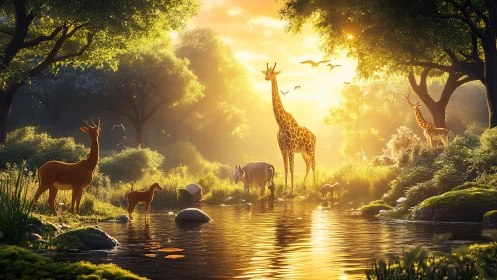 Golden-hour savanna wildlife rendered in luminous digital realism