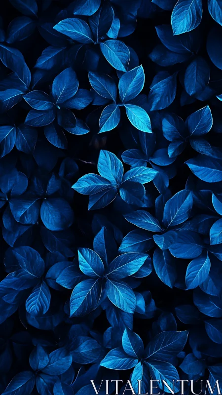 Deep blue foliage pattern with luminous overlapping leaves.