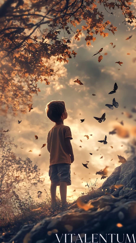 Young boy watching butterflies in warm autumn light.