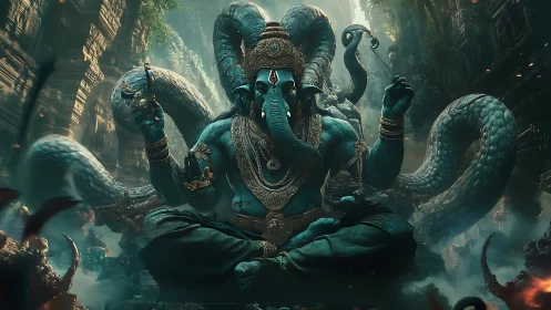 Serene blue deity with serpent guardians in lush temple ruins.