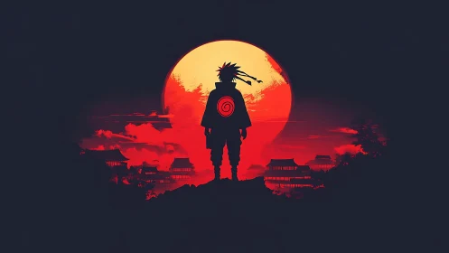Silhouetted ninja watches a blazing red sun over neon village