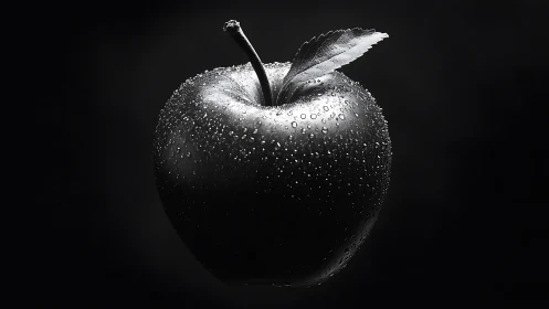 Monochrome macro apple with dew droplets under directional rim light