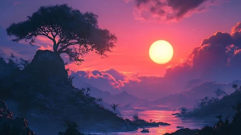 Radiant magenta sunset over tranquil alien shoreline.