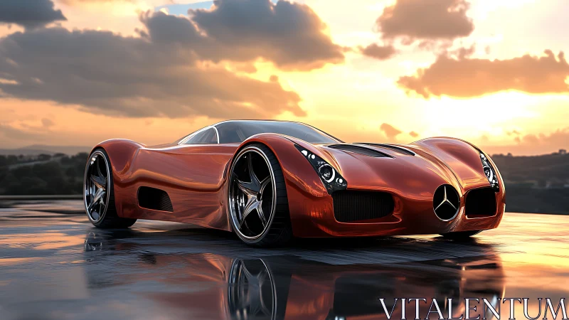 Low-slung Mercedes concept hypercar on wet reflective surface at dusk