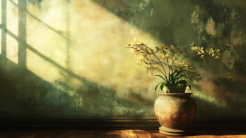 Indirect sunlight grazes textured wall behind ceramic vase with orchids