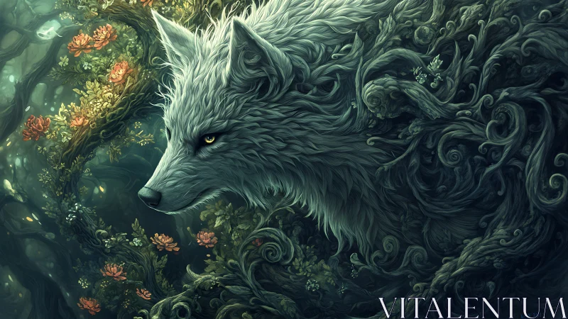Mythic forest wolf emerging from swirling foliage forms.