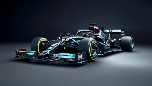 High-gloss Formula One car rendered in dramatic studio lighting