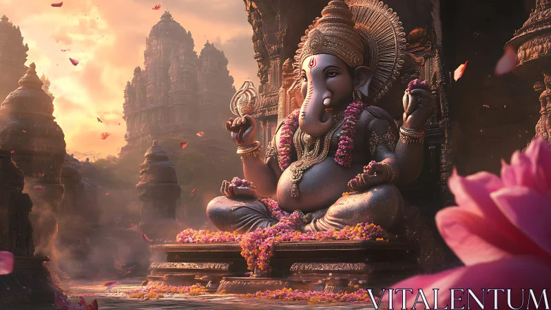 Divine Ganesha idol in sunset temple courtyard bloom.